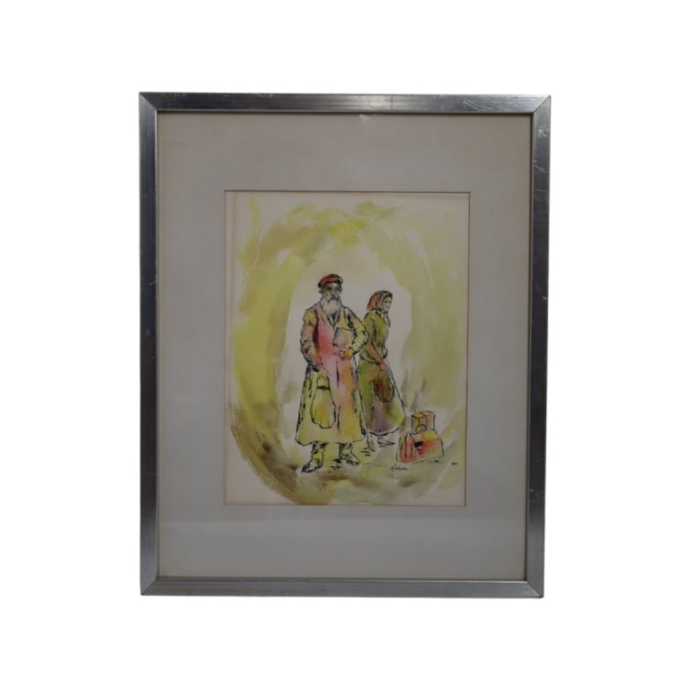 Harold Kushner Judaica Watercolor "Travelers": Harold Kushner (American/NY, 20th C) Vintage Judaica Watercolor "Travelers". Signed lower right. Framed under glass. Measures 13" x 10" (sight), frame 21" x 17". Condition: Light toning or in good con