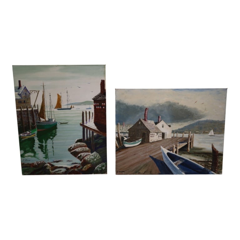 Harry Baker 2 Vintage Oil on Board "Harbor Scenes": Harry Baker (20th C) 2 Vintage Oil on Canvas Board "Harbor Scenes". Both signed H. Baker, 1 inscribed verso "Painted by my Uncle Harry Baker". Unframed. Measures 16" x 20, 20" x 16". Condition: Good c