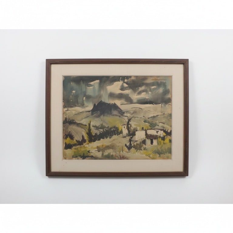 Vintage Impressionist Watercolor Mountain Landscape: Vintage Impressionist Watercolor "Mountain Landscape". Signed FELIX lower left. Framed under glass. Measures 18-1/2" x 24-1/2", frame 26-1/2" x 32-1/2". Condition: Toning consistent with age or in goo