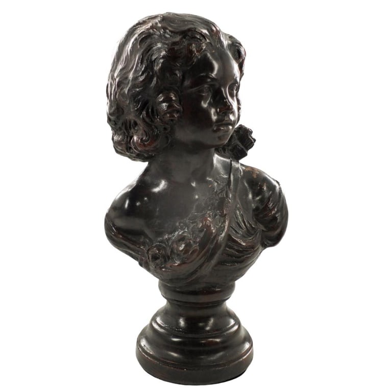 Large Art Nouveau Style Statue: Large Art Nouveau Style Patinated Iron Statue of a Young Girl. Unsigned. Measures 21" x 11-1/2" x 8". Condition: Some rubbing to the surface otherwise good condition. Estimate 300 - 600 Domestic shipp