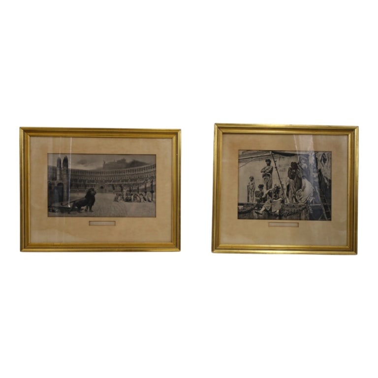 (2) Antique French Engravings Boulanger, Gerome: Gustave Boulanger (French, 1824-1888) "The Slave Market", 9" x 11" (sight), frame 15" x 17". Jean-Leon Gerome (French, 1824-1904) "The Christian Martyrs' Last Prayer", 8-1/4" x 12-1/2", frame 14-1/4" 