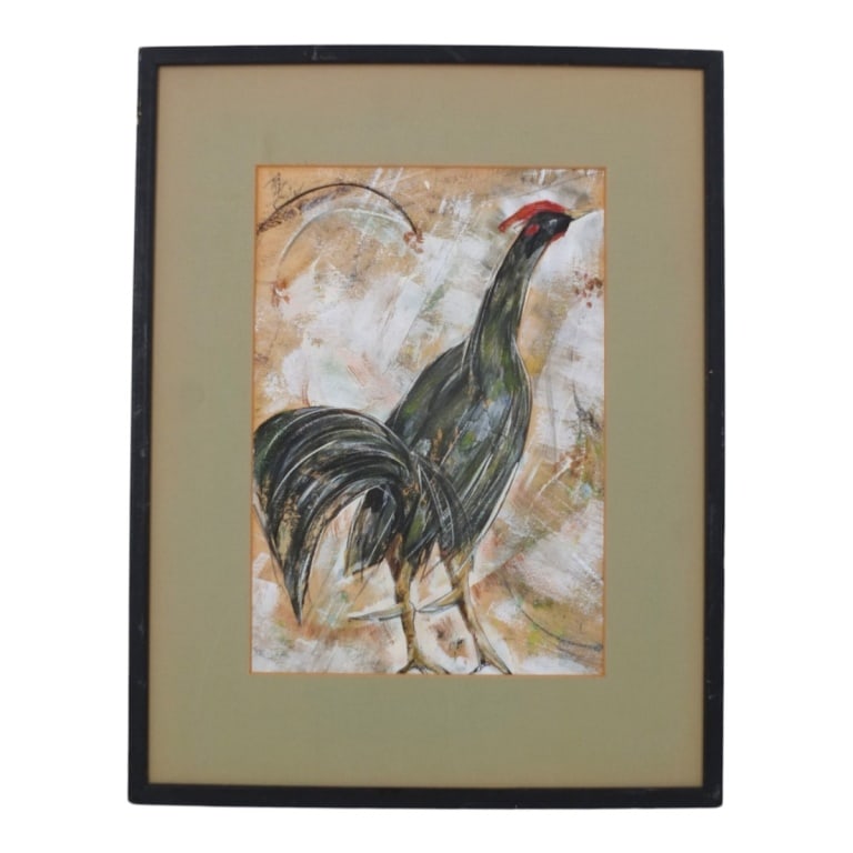 Vintage Asian Watercolor on Paper "Rooster": Vintage Asian Watercolor on Paper "Rooster". Signed upper left. Framed, no glass. Measures 12-1/4" x 8-1/2" (sight), frame 18-1/2" x 14-1/2". Condition: Good condition. Estimate 50 - 100 Domestic ship