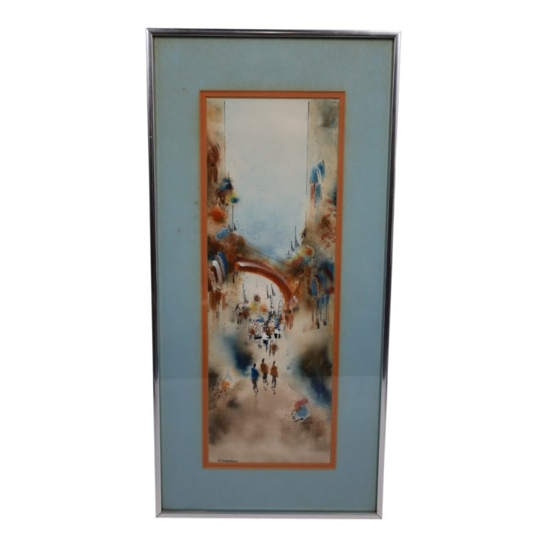 Ben Avram Judaica Watercolor "Cityscape": Ben Avram (Israeli, b. 1931) Vintage Judaica Watercolor "Cityscape". Signed lower left. Framed under glass. Measures 19" x 6-1/2" (sight), frame 25-1/4" x 12-1/4". Condition: Good condition. Estimate 