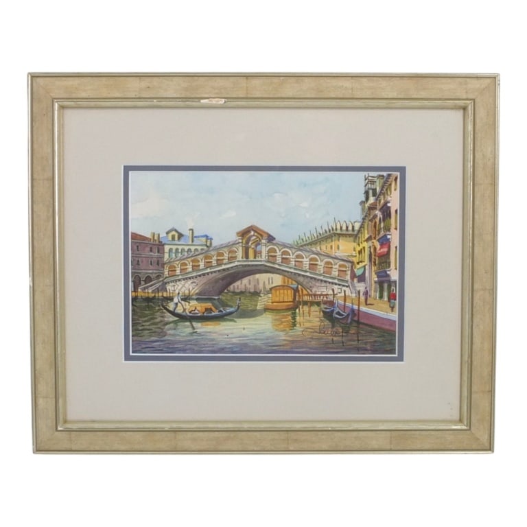 Vintage Watercolor "Rialto Bridge, Venice": Vintage Watercolor on Paper "Rialto Bridge, Venice". Signed lower right. Framed under glass. Measures 6" x 9", frame 13" x 16". Condition: Good condition. Estimate 50 - 100 Domestic shipping Third Par