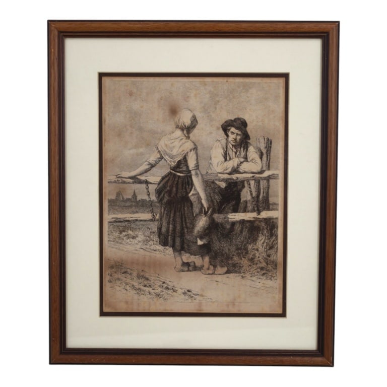 Frans van Kuyek Antique Etching "A Conversation": Frans van Kuyek (Belgium, 1852-1915) A19/20th C Etching "A Conversation". Signed in plated lower left. Framed under glass. Measures 12-1/2" x 9-1/2", frame 18-3/4" x 15-1/2". Condition: Toning consist