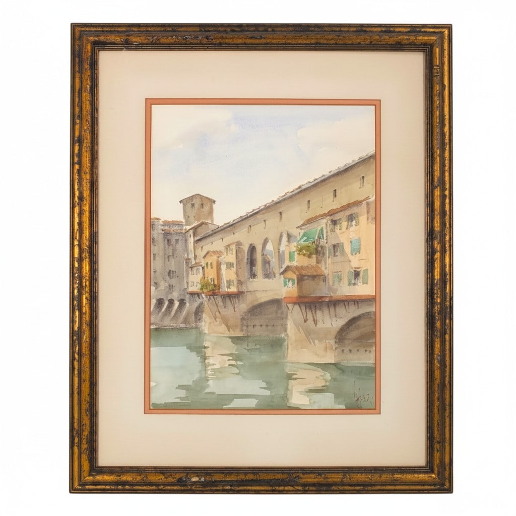Giuseppe Capineri Watercolor "Ponte Vecchio": Giuseppe Capineri (Italian, 1923-1994) Watercolor on paper "View of the Ponte Vecchio". Signed lower right. Framed (no glass). Measures 16-1/4" x 12 (sight), frame 25-1/2" x 20-1/2". Condition: Good c