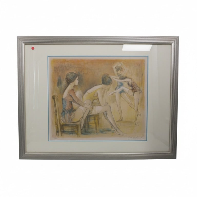 Jacques Laland Color Lithograph "Young Ballerinas": Jacques Laland Color Lithograph "Young Ballerinas". Pencil signed and numbered 9/250. Framed under plexiglass. Measures 20-1/2" x 24-1/2" (sight), frame 31-1/2" x 41". Condition: Toning consistent wit