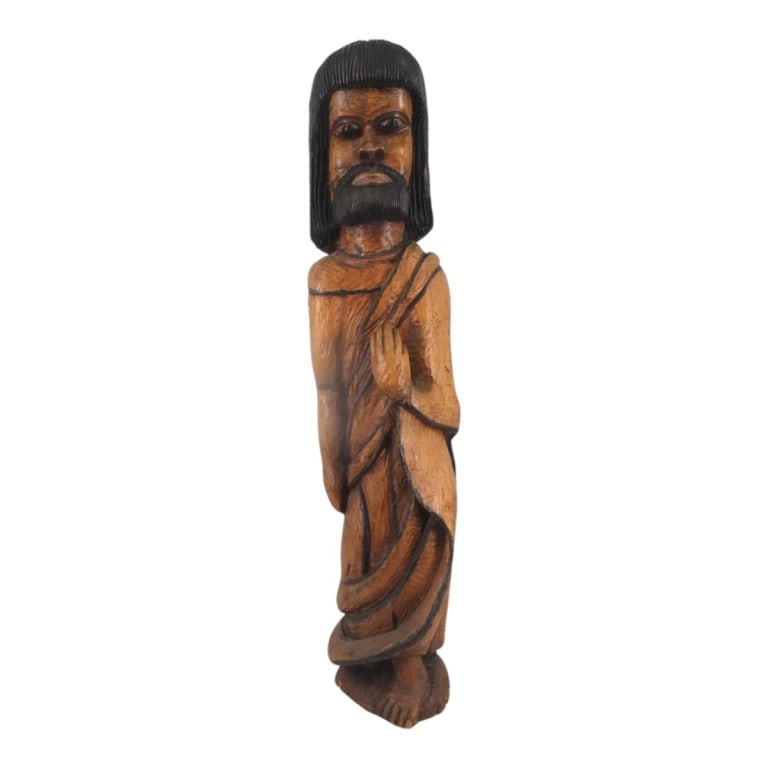 3.5' Folk Art Carved Wood Figure "Man in Robe": 3.5' Folk Art Carved Wood Figure "Man in Robe". Signed Michael Clarke. Measures 42" H x 8" x 8". Condition: Some wear and rubbing or in Good condition. Estimate 100 - 350 Domestic shipping Third Party