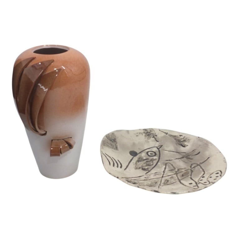 Grouping of Studio Art Pottery Tableware: Grouping of Two Studio Art Pottery Tableware. Includes a signed retro vase along with a signed Picasso style plate. Vase measures 10-1/2" x 6"-1/4". Plate measures 11". Condition: Both in good conditi