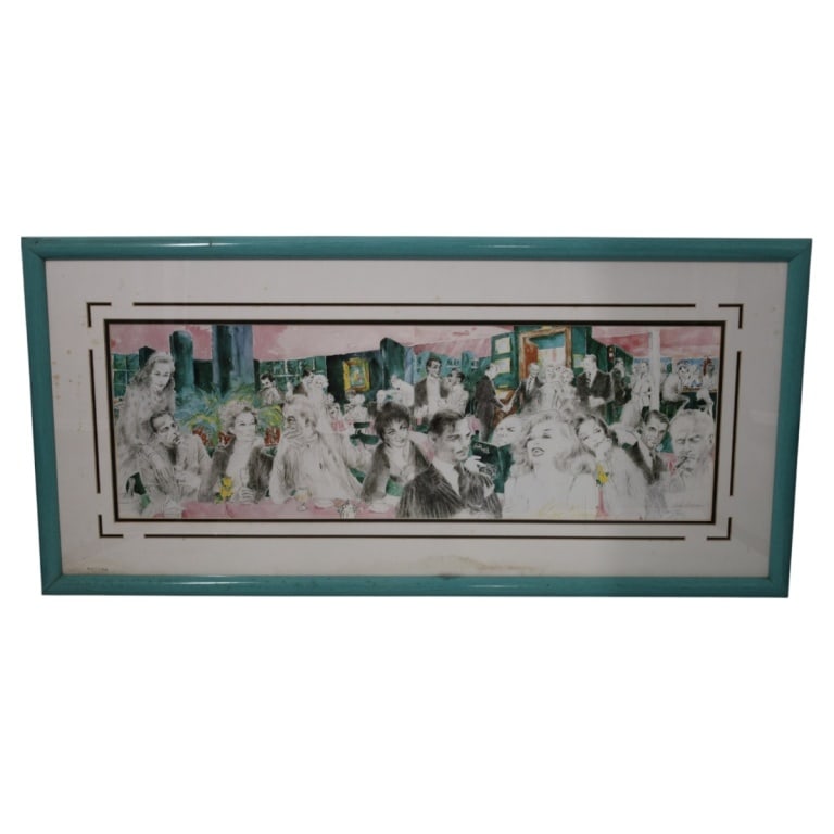 LeRoy Neiman Signed Lithograph "Polo Lounge": LeRoy Neiman (American, 1921-2012) Offset Lithograph "Polo Lounge". Signed in yellow marker lower right. Gallery Label affixed to verso: Art at Sea. Framed under Plexiglas. Measures 10-1/2" x 32" (sig
