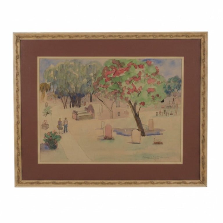 Alice Monroe Hill Watercolor "Savannah Cemetery": Alice Monroe Hill (20th C) Watercolor on paper "Savannah Cemetery". Titled, signed and dated 1980 lower right. Framed under glass. Measures 11-1/2" x 15-1/2" (sight), frame 17-1/4" x 21-1/4". Conditio