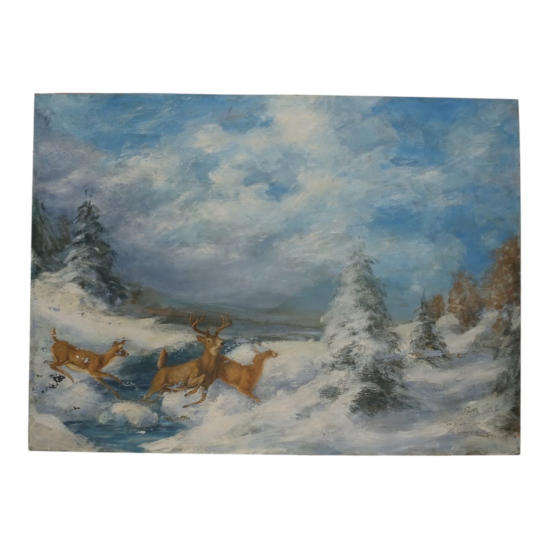 Mid Century Oil on Board Snowy Landscape w/ Deer (1 of 5)