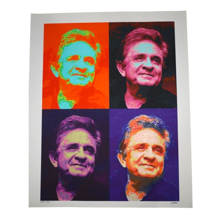 Elsner: Style of Warhol Lithograph, Johnny Cash: Style of Warhol Color Lithograph "Johnny Cash". Titled and signed Elsner. Unframed. Full page measures 29-1/2" x 24-1/4". Condition: Good condition. Estimate 50 - 100 Domestic shipping Third Party