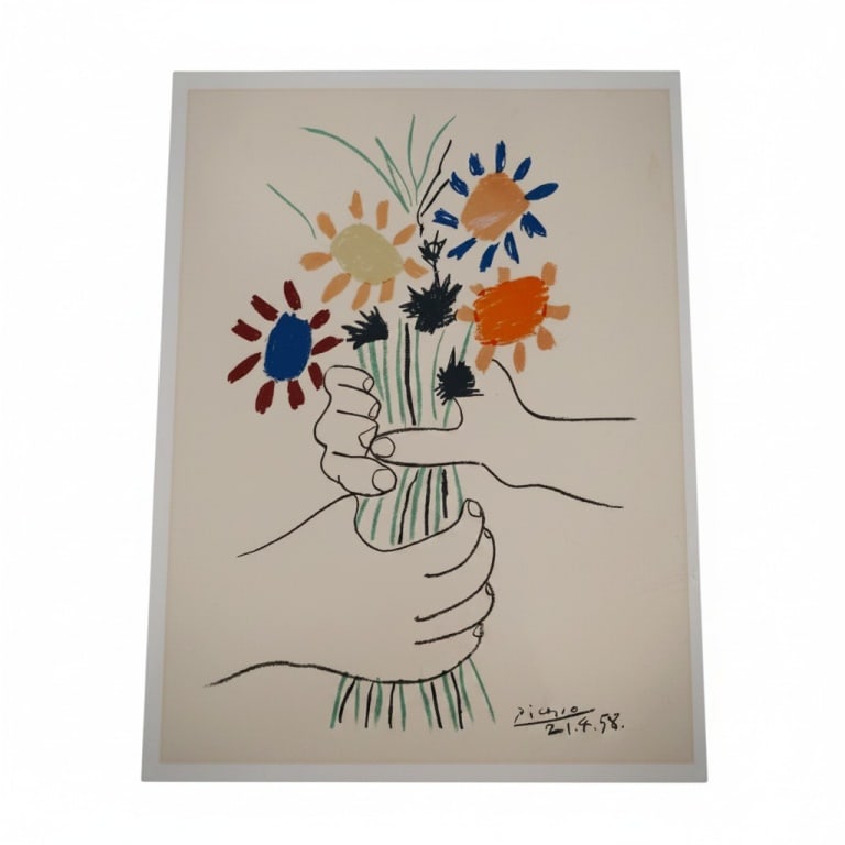 After Picasso Lithograph "Bouquet of Peace": After Picasso Lithograph "Bouquet of Peace". Signed in plate. Unframed. Measures 25-1/2" x 19-3/4". Condition: Toning or good condition. Estimate 50 - 100 Domestic shipping Third Party