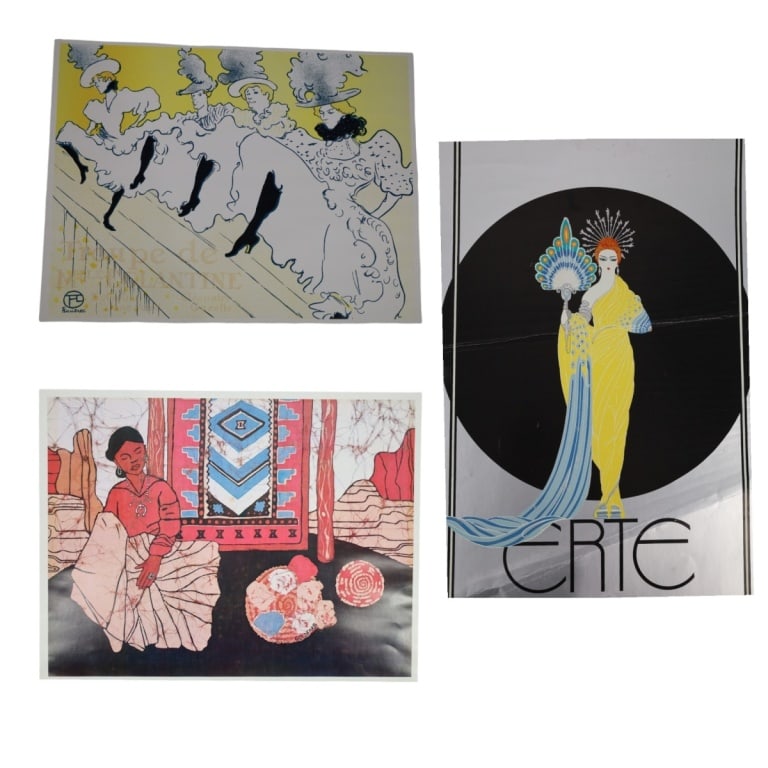 3 Vintage Screen Prints Erte, Lautrec, Goldfarb: 3 Vintage Unframed Art Prints. Includes: Erte screenprint "Athena, 1982", unsigned, measures 30" x 19-1/2". Lautrec Screenprint "La Troupe de Mademoiselle Eglantine", unsigned, measures 22" x 28" Gold