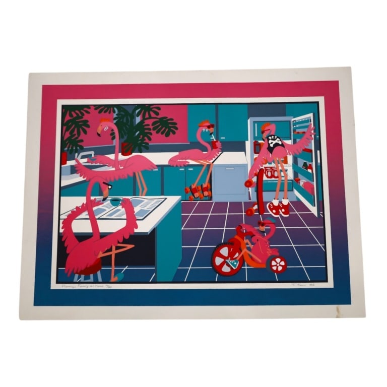 Teresa Farr Serigraph "Flamingo Family at Home": Teresa Farr (20th C) Limited Edition Serigraph "Flamingo Family at Home". Pencil signed and numbered 12/80. Unframed. Measures 18" x 24". Condition: small stain lower left margin or in good condition.