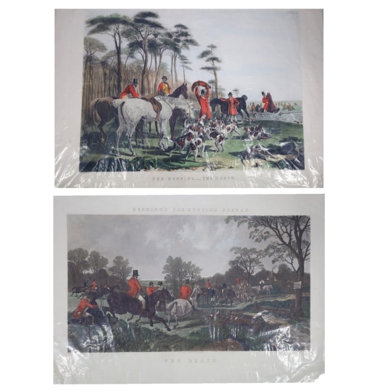 After JF Herring, 2 Color Engravings "The Death": After JF Herring (UK, 1795-1865), 2 Color Engravings "The Death, from Herrings Fox Hunting Scenes". Unframed. Full sheets measure 25-3/4" x 37-1/2", 28-3/4" x 37-1/2". Condition: Both encased in plast