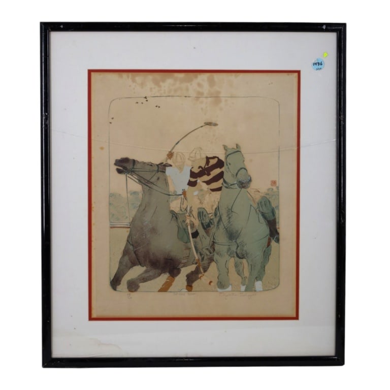 Elizabeth Schippert Lithograph "Off Side Shot": Elizabeth Schippert (American, b. 1949) Color Lithograph "Off Side Shot". Pencil signed and numbered 38/100. Framed under glass. Measures 20" x 16-1/2" (sight), frame 28" x 25". Condition: Toning, fox