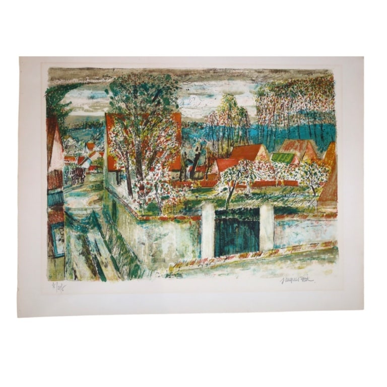 Jacques Petit Color Lithograph "French Farm": Jacques Petit (French, b. 1925) Color lithograph "French Farm". Pencil signed and numbered 75/275, Unframed. Full sheet 19-1/2" x 25-3/4". Condition: Toning or in good condition. Estimate 50 - 100 Dom
