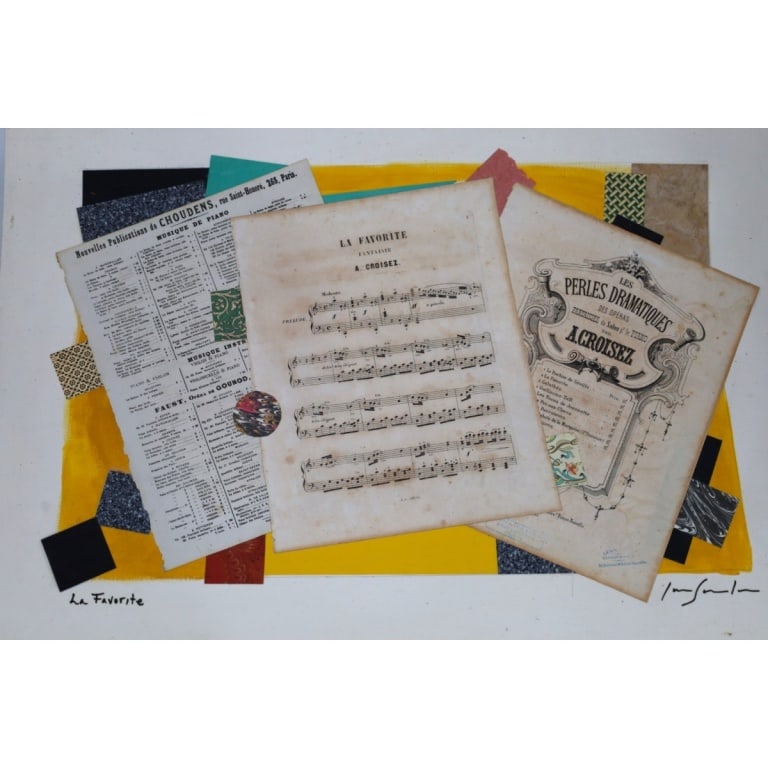 2 Vintage Sheet Music Collages on Paper: 2 Vintage Sheet Music Collages on Paper. "The Marriage of Figaro" and "La Favorite". Both signed illegibly. Unframed. Measures 22" x 30". Condition: Light toning or in good condition. Estimate 50 - 10
