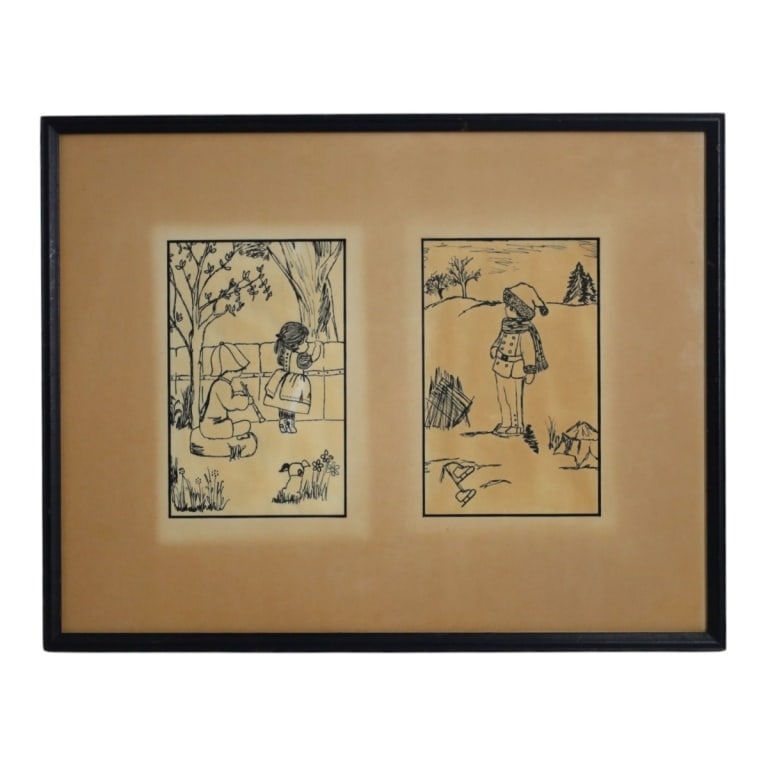 Vintage Ink Storybook illustrations: Vintage Ink Storybook illustrations. Unsigned. label to verso J. George Mayer Gallery, Shaker Heights. Framed under glass. Measures 14-1/2" x 18-3/4" overall including frame. Condition: Toning or in g