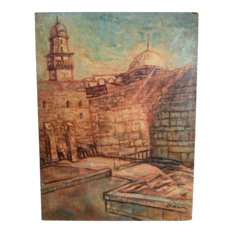 Vintage Judaica Oil/Board "The Western Wall": Vintage Judaica Oil on Board "The Western Wall". Signed lower right. Unframed. Measures 32" x 24". Condition: Nail hole upper center or in good condition consistent with age. Estimate 60 - 120 Domesti