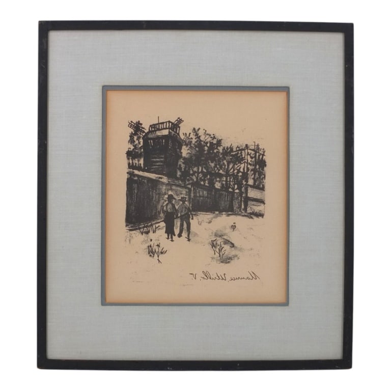 Maurice Utrillo Lithograph "The Walk": Maurice Utrillo (French, 1883-1955) Lithograph "The Walk". Signed in plate. Old gallery label verso. Framed under glass. Measures 10" x 8-1/2" (sight), frame 16-1/2" x 15". Condition: Toning from age.