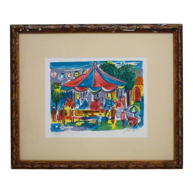 Gilberte Brassai, MCM Color Lithograph "Carousel": Gilberte Brassai (1920-2012) MCM Color Lithograph "Carousel". Signed Gilberte A/P. Framed under glass. Measures 8-1/2" x 11" (sight), frame 15-1/2" x 18-1/2". Condition: Good condition. Estimate 50 - 