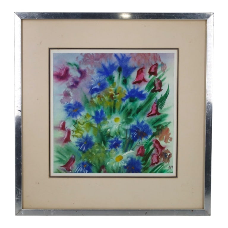 Vintage Original Watercolor "Bouquet of Flowers": Vintage Original Watercolor "Bouquet of Flowers". Initialed lower right. Framed under glass. Measures 9-1/4" x 9-1/4" (sight), frame 15-3/4" x 15-1/2". Condition: Good condition. Estimate 50 - 100 Dom