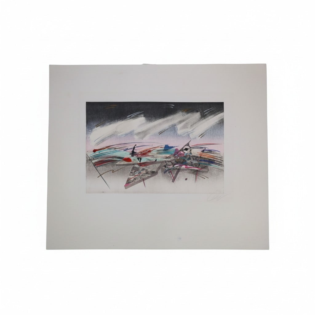 Abstract Expressionist Mixed Media Print on Paper: Vintage Abstract Expressionist Mixed Media Print on Paper. Pencil signed illegibly lower left. Unframed. Full sheet measures 20-1/4" x 24-3/4". Condition: Light soiling from storage or in good conditi