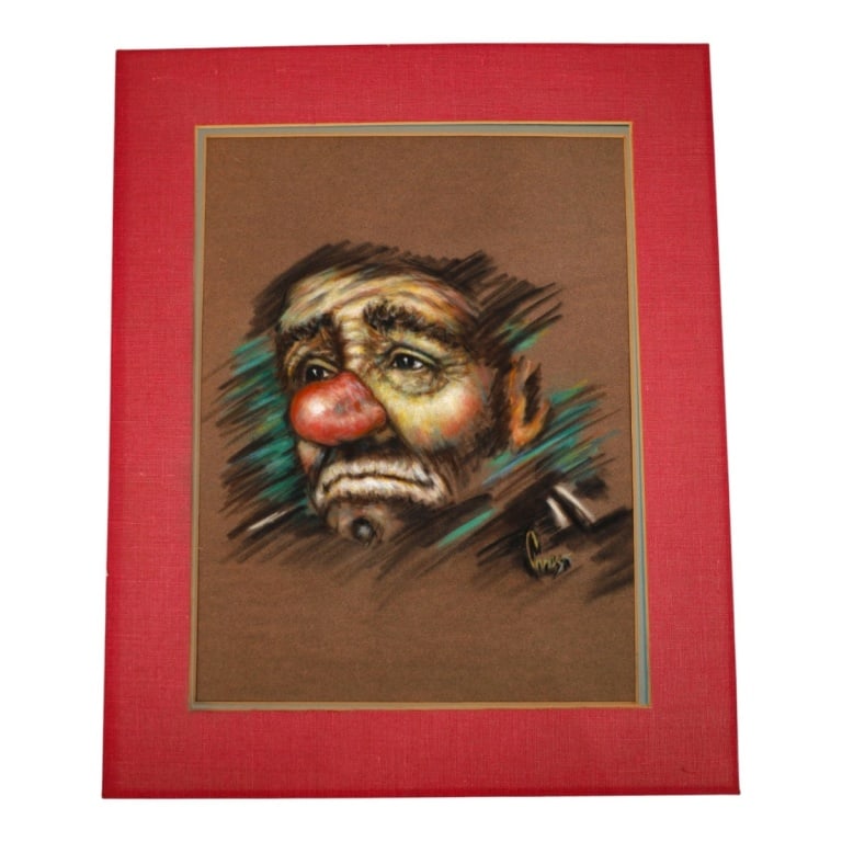 MCM Pastel on Textured Paper "Sad Clown": MCM Pastel on Textured Paper "Sad Clown". Signed illegibly lower right. Unframed. Measures 18" x 14, mat measures 22" x 18". Condition: Good condition. Estimate 50 - 100 Domestic shipping Third Party