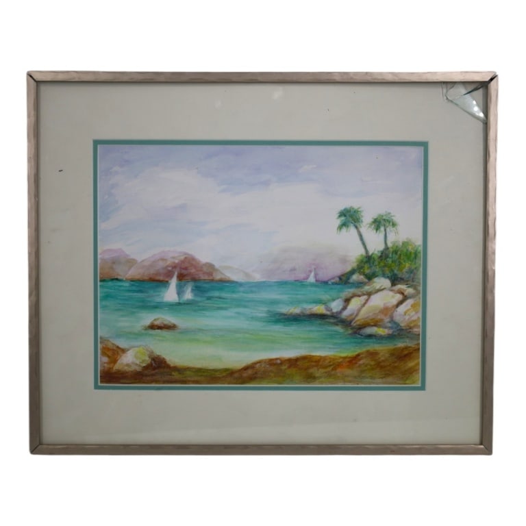 Julia Galczynski Watercolor "Tropical Landscape": Julia Galczynski (20th C) Watercolor on paper "Tropical Landscape with Sailboats". Signed lower left. Framed under glass. Measures 10-1/2" x 14-1/4" (sight), frame 17" x 20-1/2". Condition: Small brea