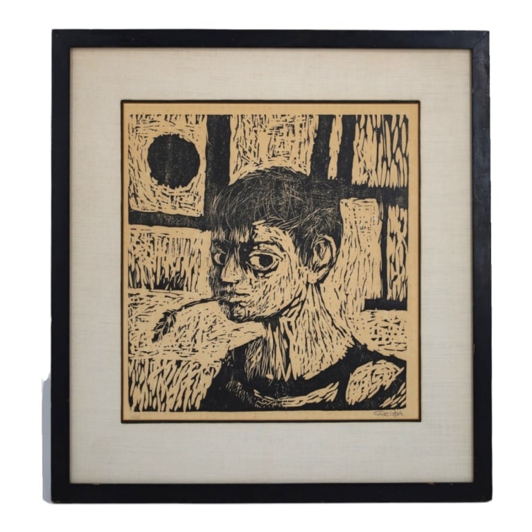 Vintage Woodcut Print "Portrait of a Boy": Vintage Woodcut Print "Portrait of a Boy". Signed Cariota and numbered 17/25. Framed under glass. Measures 13-3/4" x 12-3/4" (sight), frame 20-1/2" x 19". Condition: Toning consistent with age. Estima