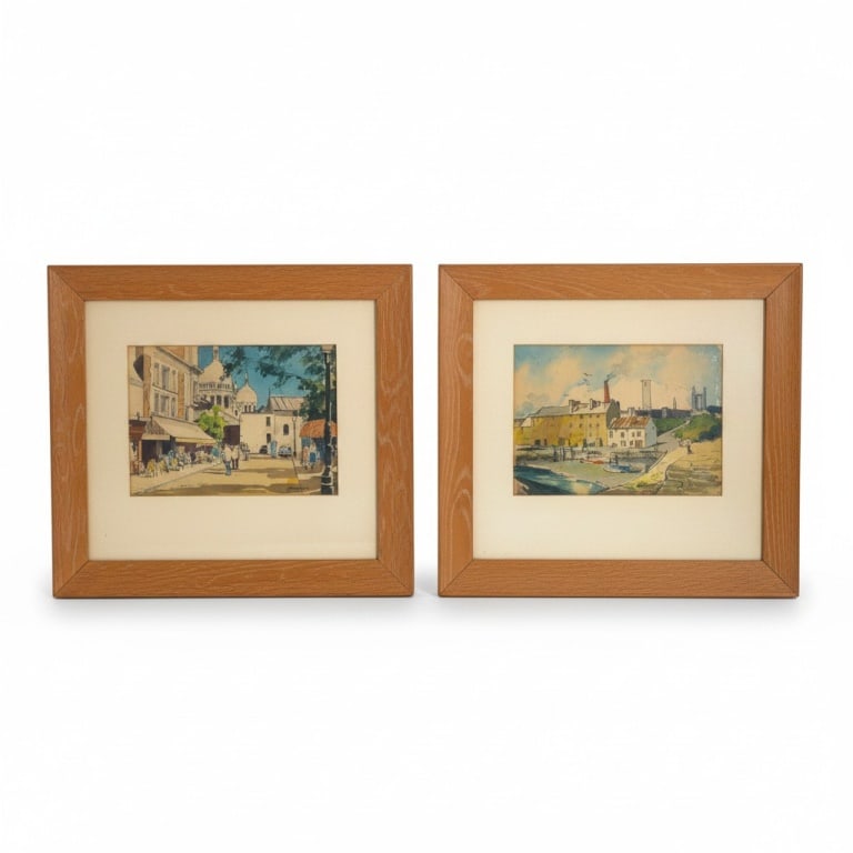 Pair Mid-Century Paris School Watercolors: Pair Mid-Century Paris School Watercolors. Signed lower right. Both framed under glass. Measures 6-1/4" x 9" (sight), frame 14" x 15-1/2". Condition: Toning consistent with age or in good condition. E