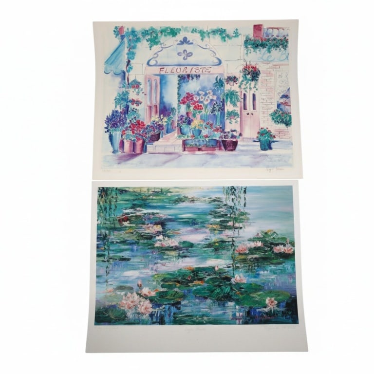 Angie Strauss 2 Retro 1980's Serigraphs: Angie Strauss (Canadian 20/21st C) Two Serigraphs: "Remembering Paris", 102/950, full sheet measures 19-3/4" x 26". "Lily Pond", 103/250, 20" x 26". Both titled, numbered and signed. Unframed.