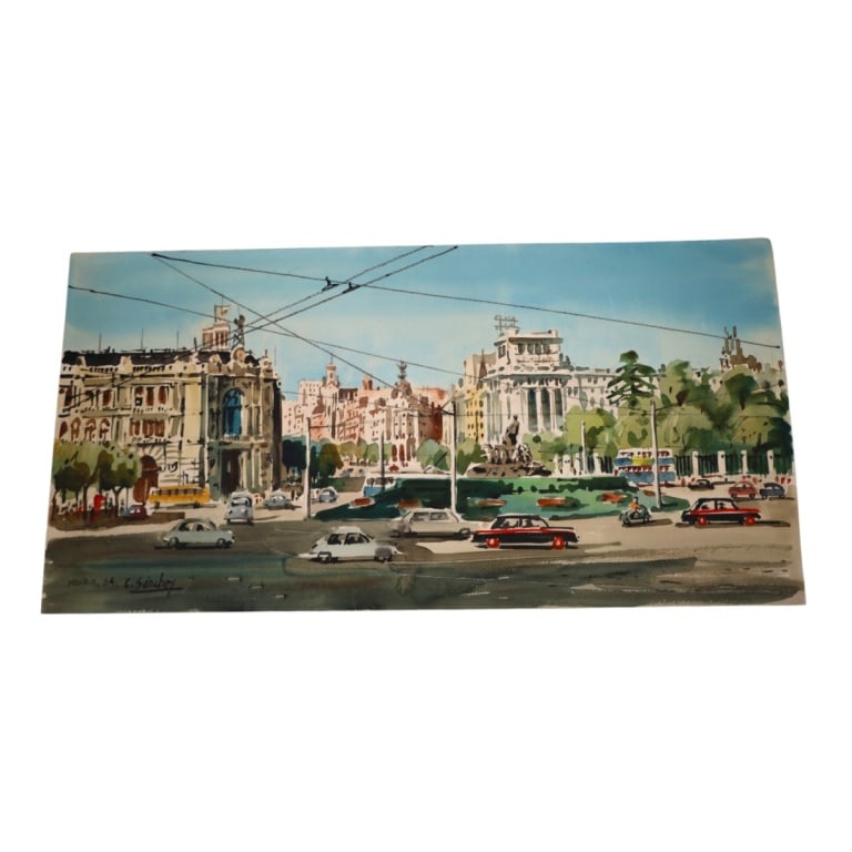 Mid-Century Spanish School Watercolor "Madrid": Mid 20th Century Spanish School 2 Sided Watercolor on Paper "Madrid Street Scene" & "Man with Wine Bota" . Signed C. Sanchez.. Unframed. Measures 16" x 32". Condition: good condition. Estimate 60 - 12