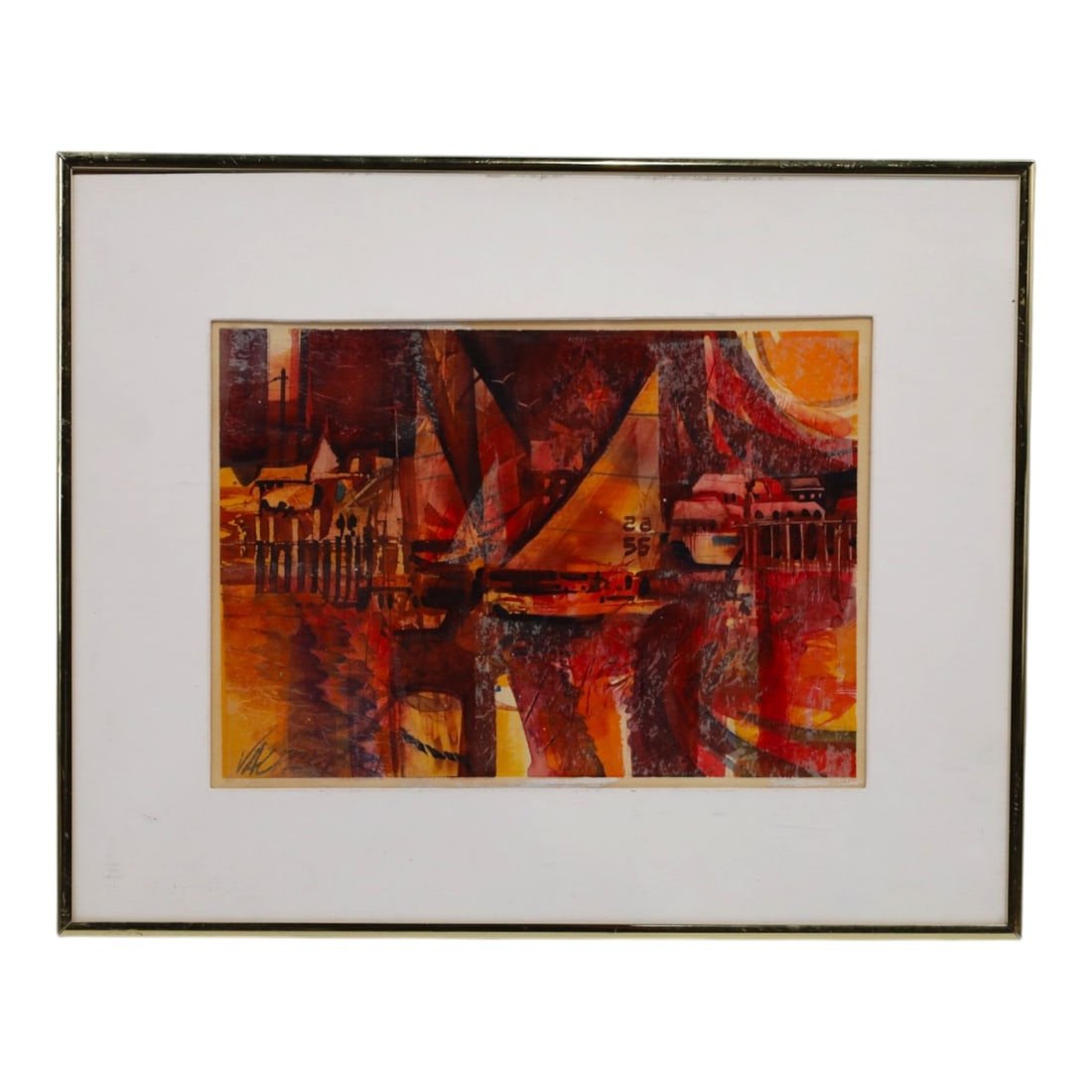 Modernist Mixed Media on Paper "Harbor Scene" (1 of 4)