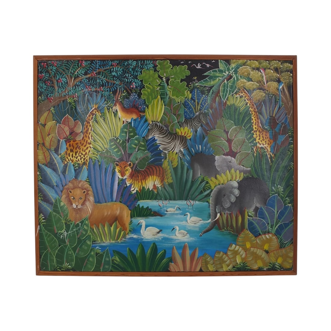 Vintage Haitian Oil on Canvas "Jungle Scene": Vintage Haitian Oil on Canvas "Jungle Scene". Signed lower left, "Emanuel" inscribed to verso. Measures 20" x 24", frame 21-3/4" x 25-1/2". Condition: Good condition. Estimate 100 - 200 Domestic shipp