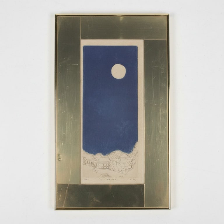 Vintage Etching on Paper "Night Train II E4": Vintage Etching on Paper "Night Train II E4". Pencil signed and numbered 100/300. Framed under glass. Measures 17" x 7-1/2", frame 23-1/4" x 13-3/4". Condition: Toning, wear to frame. Estimate 50 - 10