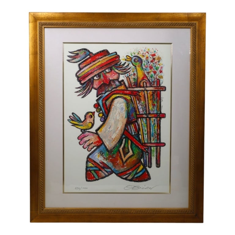 Jovan Obican Lithograph "Man with Two Birds": Jovan Obican (French, 1918-1986) Color Lithograph "Man with Two Birds". Pencil signed and numbered 522/1000. Gallery framed under glass. Measures 26-1/2" x 19", frame 37-1/2" x 31-1/4". Condition: Goo