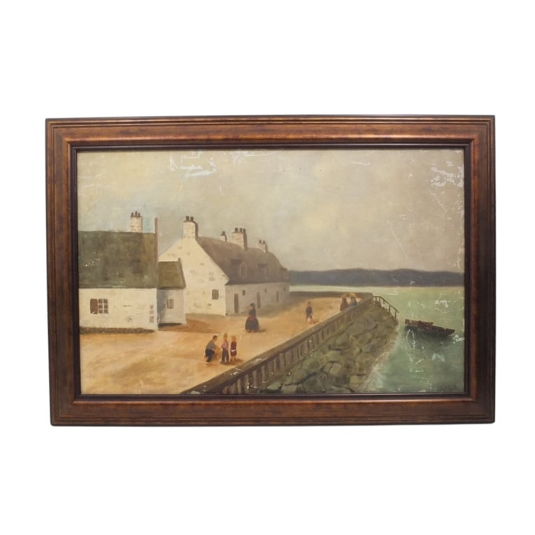 Vintage Oil on Canvas "Stone Quay Cottages": Vintage Oil on Canvas "Stone Quay Cottages". Initialed K.A.R. '43 lower right. Measures 17" x 27", frame 21" x 31" Condition: Flaking, paint loss. Estimate 100 - 200 Domestic shipping Third Party
