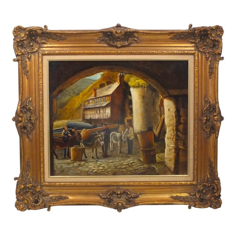 Vintage Continental School O/C "Mountain Village": Vintage Decorative Continental School Oil on Canvas "Mountain Village". Signed D. Bruner lower left. Measures 20" x 24", frame measures 29-1/2" x 33-1/2". Condition: Good condition. Estimate 100 - 300