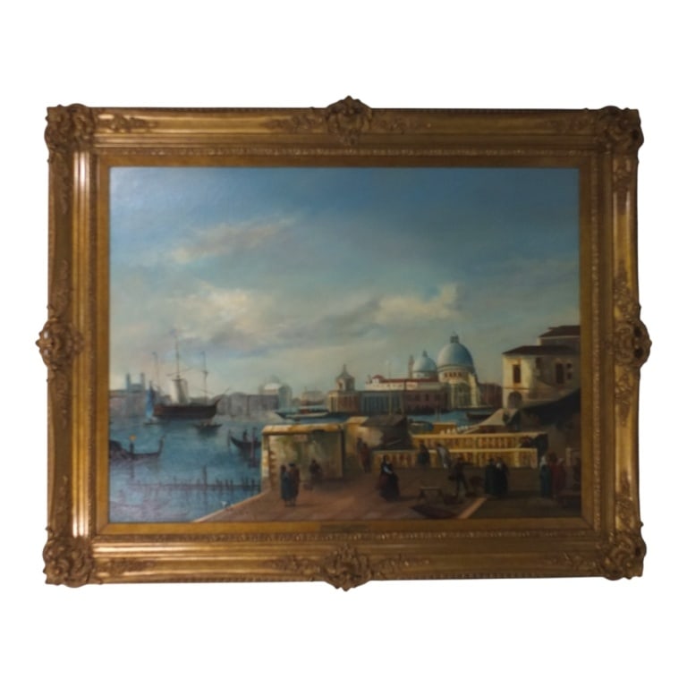 Style: Canaletto Oil Canvas "Harbor of Piazzetta": Style of Canaletto, Italian (1697 - 1768) Oil on Canvas "Harbor of Piazzetta". Signed lower left Cangello. Tag marked M. Agello. Measures 30" x 40", frame measures 40" x 50". Condition: Light craquelu
