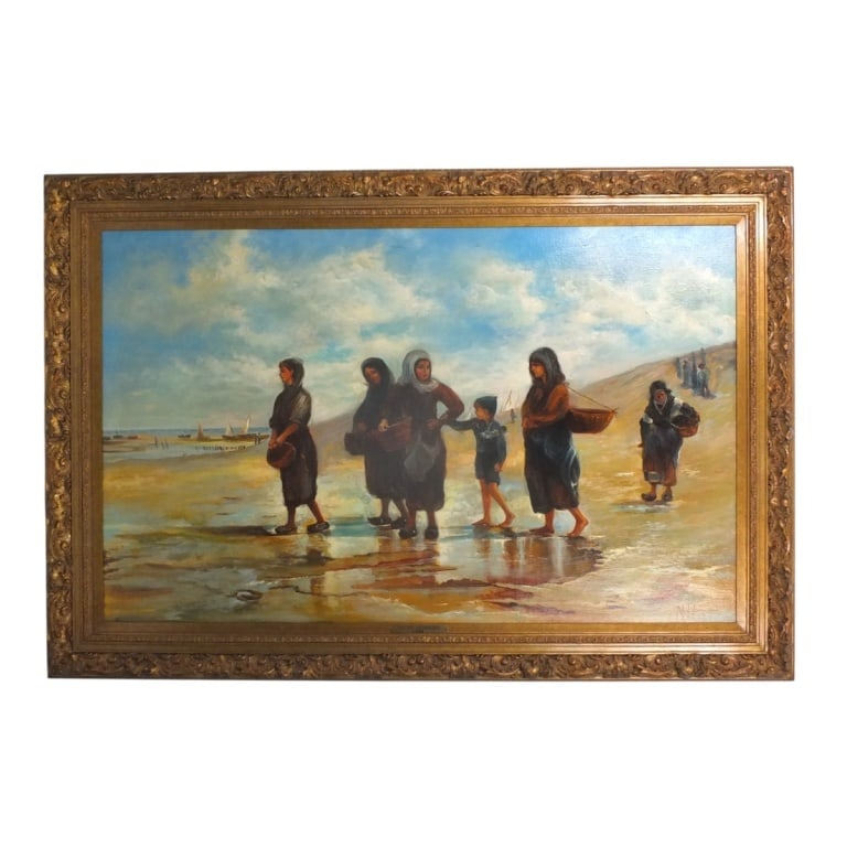 Style of JS Sargent Oil/Canvas "Women on Beach": Style of John Singer Sargent (American 1856-1925) Vintage Oil on Canvas "Women Gathering Oysters on Beach". Signed lower right M. Ramiian. Measures 30" x 48", frame measures 38-1/4" x 56-1/8". Conditi