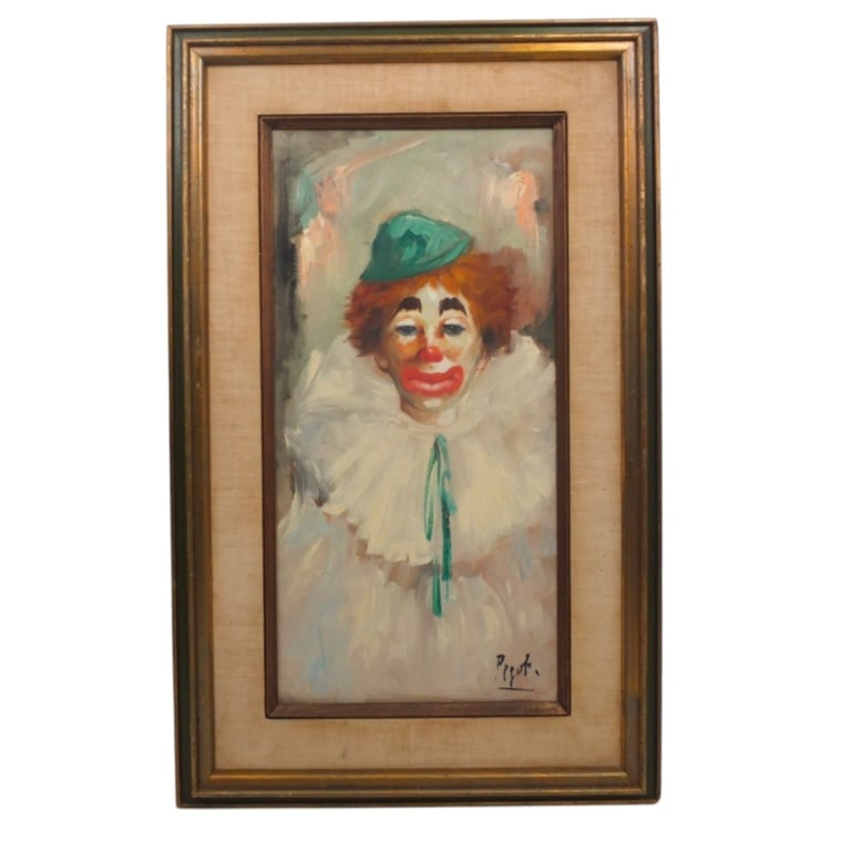 Mid Century Oil on Canvas "Clown" by Pegot: Mid Century Oil on Canvas "Clown". Signed Pegot lower right, inscribed and stamped verso. Measures 24" x 12", frame 32" x 20". Condition: Good condition. Estimate 60 - 120 Domestic shipping Third Part