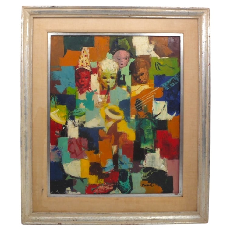 Mid Century Oil on Canvas "Child Musicians": Mid Century Colorful and Whimsical Oil on Canvas "Child Musicians". Signed Bernot? lower right. Measures 23-3/4" x 19-1/2", frame 31-1/2" x 27". Condition: Good condition. Estimate 80 - 160 Domestic s