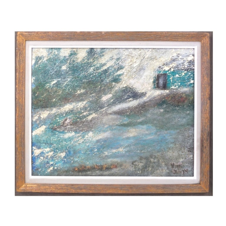 Mid Century Oil/Masonite "The Storm" Sgnd Van Duyn: Mid Century Heavy Impasto Impressionist Oil on Masonite "The Storm" Signed Van Duyn lower right. Inscribed verso. Measures 16" x 20", frame 25" x 29". Condition: Good condition, would benefit from cle