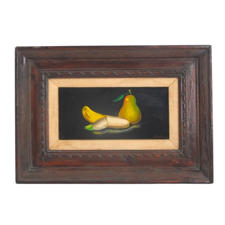 Mid Century Oil on Masonite "Still Life of Fruit": Mid Century Oil on Masonite "Still Life of Fruit". Signed lower right Hesan or Jesan. Measures 6" x 12", frame measures 14-1/2" x 20-1/2". Estimate 50 - 150 Domestic shipping Third Party