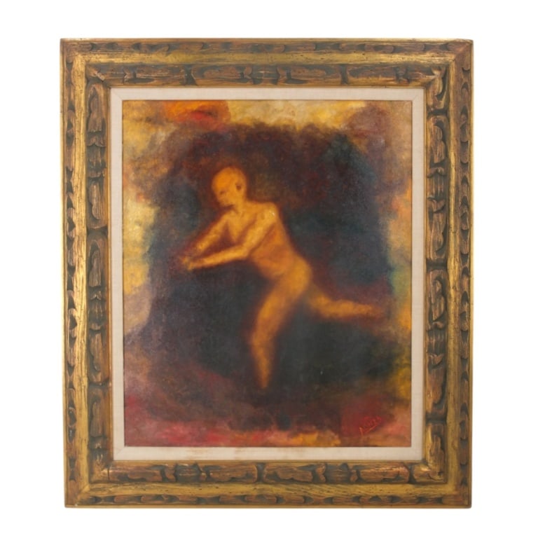 Signed Alonza, Acrylic on Canvas: Modern Acrylic on Canvas "Portrait of a Nude Figure". Signed Alonza lower right. Morris Katz art studio label attached en verso. Measures 24" x 20", frame 32-1/4" x 28". Condition: Good condition. Est