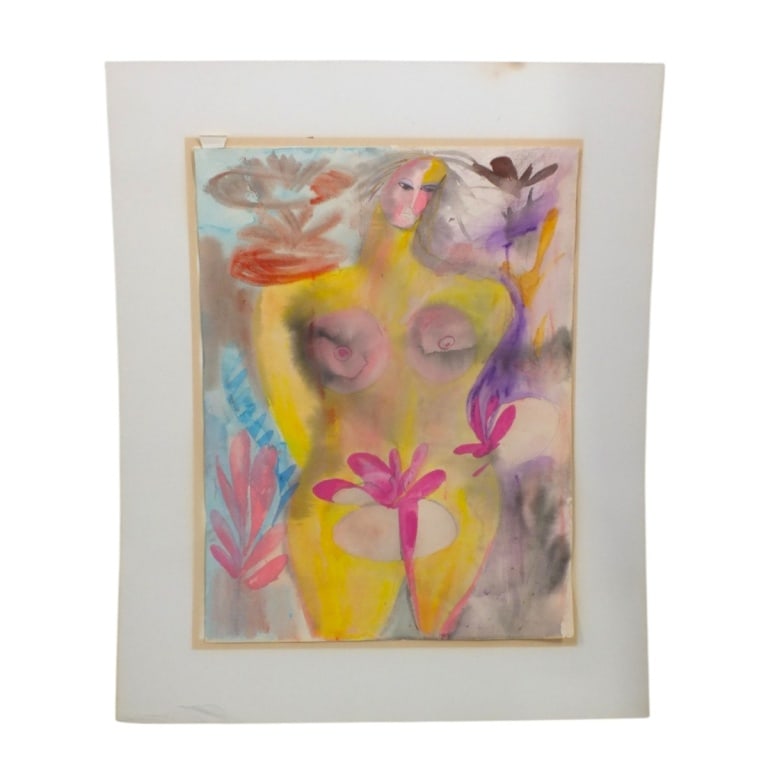 Vintage Surreal Watercolor "Nude with Flowers": Vintage Surreal Watercolor on Paper "Nude with Flowers". Unsigned. Set in Mat frame. Full sheet measures 24" x 18", mat 32" x 26". Condition: Light toning or in good condition. Estimate 60 - 120 Domes